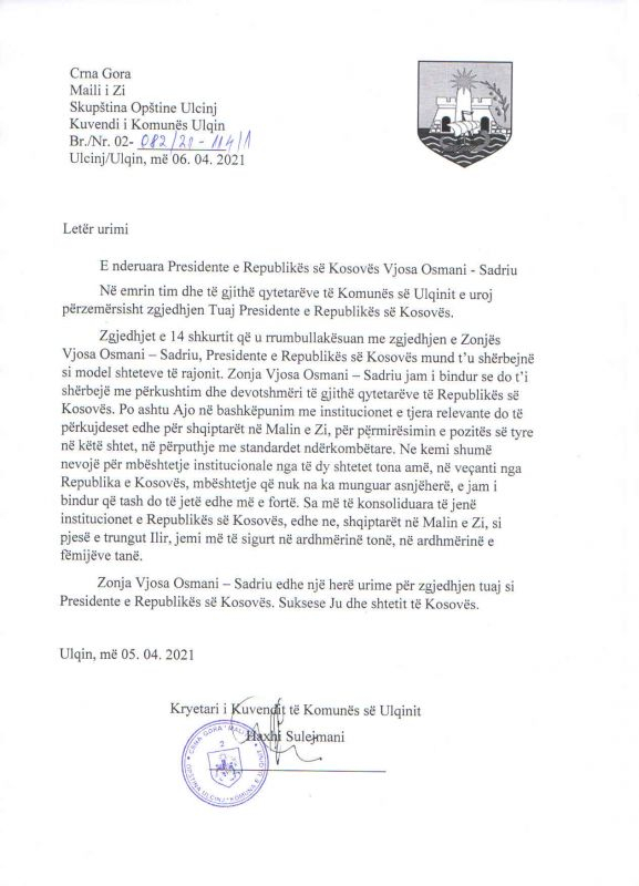 Kryetari i Kuvendit të Komunës Ulqin, Haxhi Sulejmani uron Presidenten e sapozgjedhur të Republikës së Kosovës, Vjosa Osmani - Sadriu me rastin e zgjedhjes në këtë post.