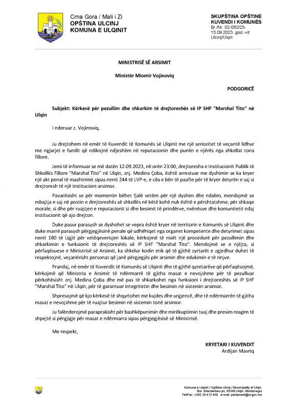 Kuvendi i Komunës së Ulqinit: Kërkesë për pezullim dhe shkarkim të drejtoreshës së IP SHF "Marshal Tito" në Ulqin