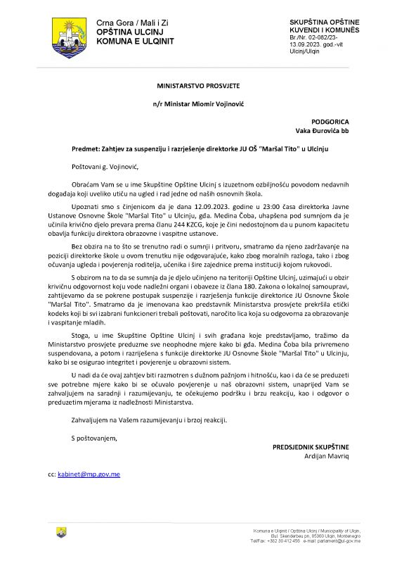 Skupština opštine Ulcinj: Zahtjev za suspenziju i razrješenje direktorke JU OŠ "Maršal Tito" u Ulcinju
